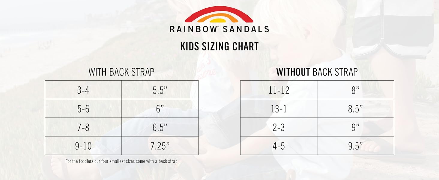 The Rainbow Kids Grombows Sandal sizing chart shows sandals with a neoprene and back strap for sizes 3-10 and 5.5–7.25, or without a back strap for sizes 11–5 and 8–9.5. Note: Smallest toddler sizes have only the back strap style.