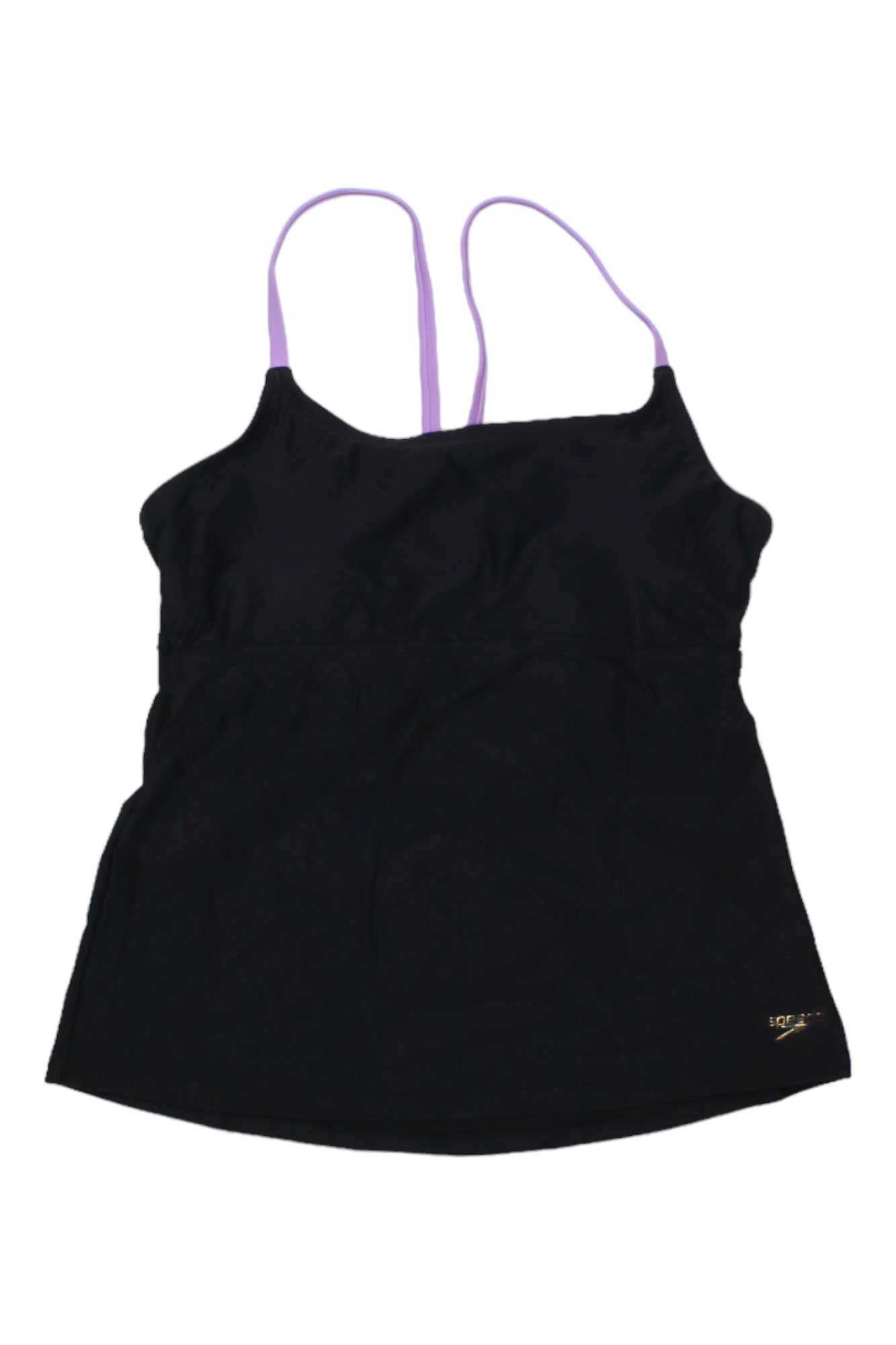 The Speedo Womens Strappy Scoop Neck Tankini is a black sleeveless top with thin, light purple spaghetti straps, laid flat on a white background. Crafted from chlorine-resistant fabric for lasting wear.