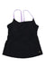 The Speedo Womens Strappy Scoop Neck Tankini is a black sleeveless top with thin, light purple spaghetti straps, laid flat on a white background. Crafted from chlorine-resistant fabric for lasting wear.