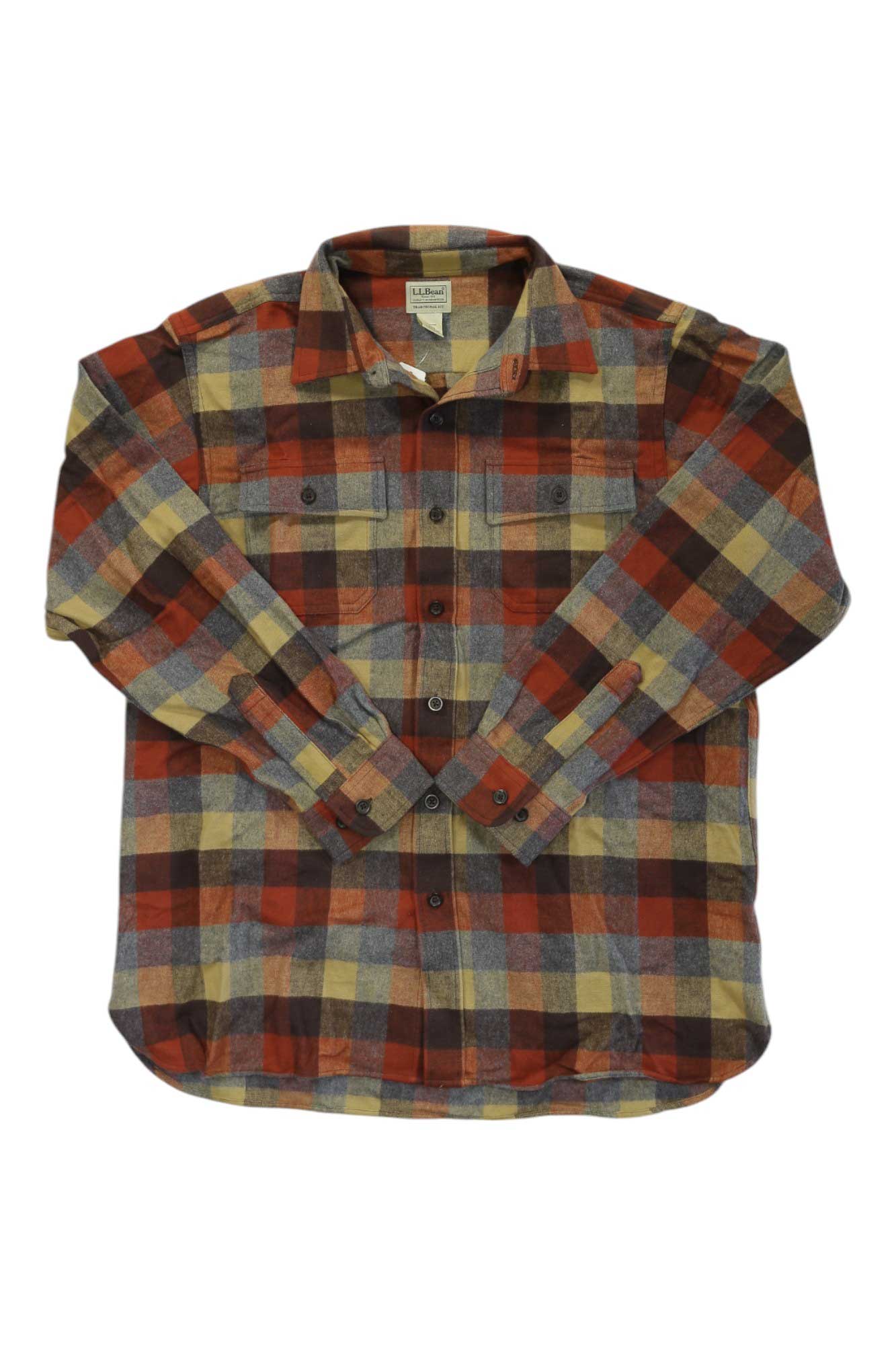 The L.L.Bean Mens Chamois Plaid Shirt is a long-sleeve flannel with a classic collar, front buttons, and two chest pockets in a red, gray, yellow, and brown plaid pattern.