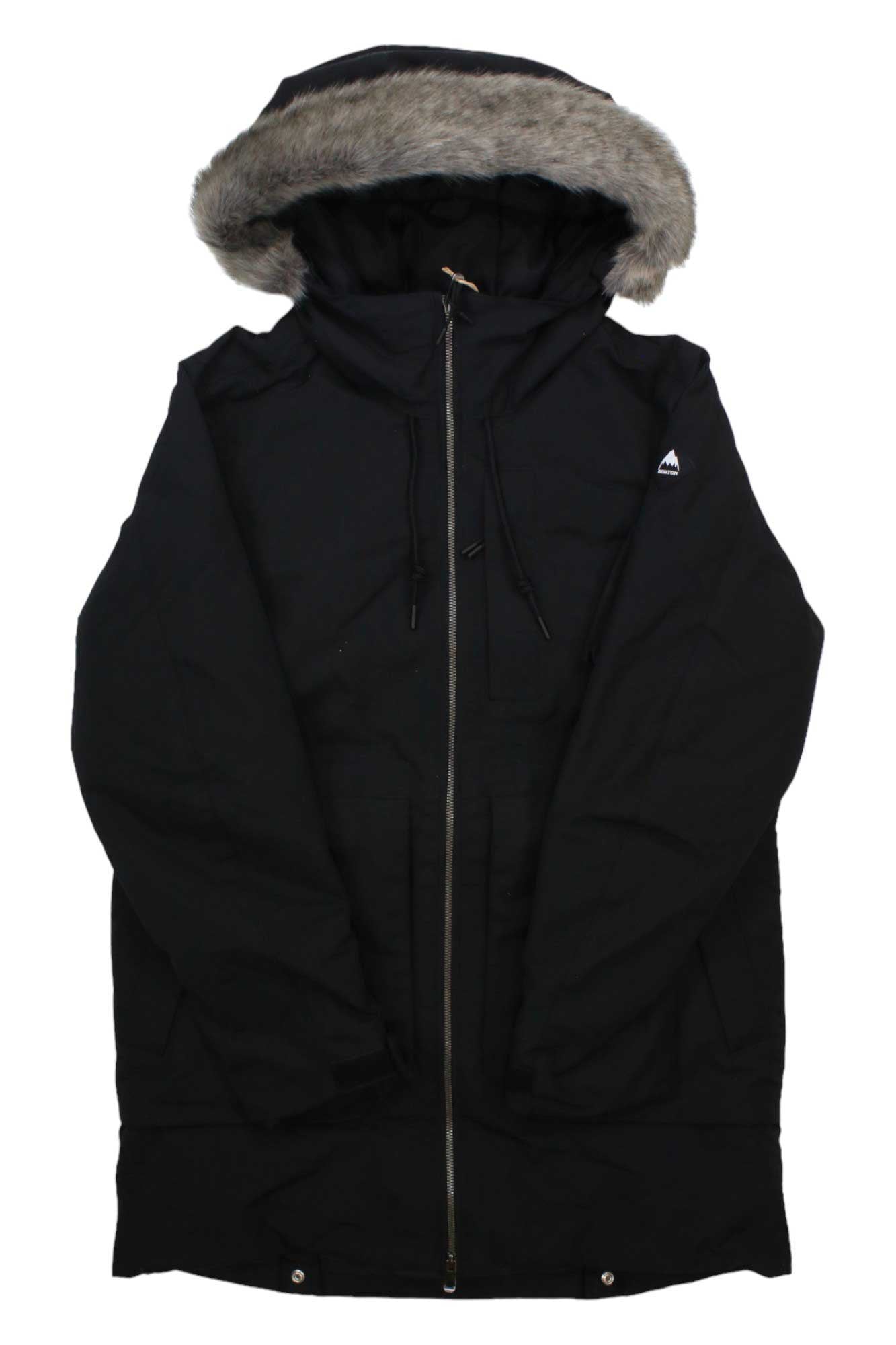 The Burton Womens Saxton Parka is a black, weatherproof winter coat with a front zipper, drawstrings, long sleeves, a hood lined in gray faux fur, and a small triangular logo on the chest.