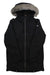 The Burton Womens Saxton Parka is a black, weatherproof winter coat with a front zipper, drawstrings, long sleeves, a hood lined in gray faux fur, and a small triangular logo on the chest.