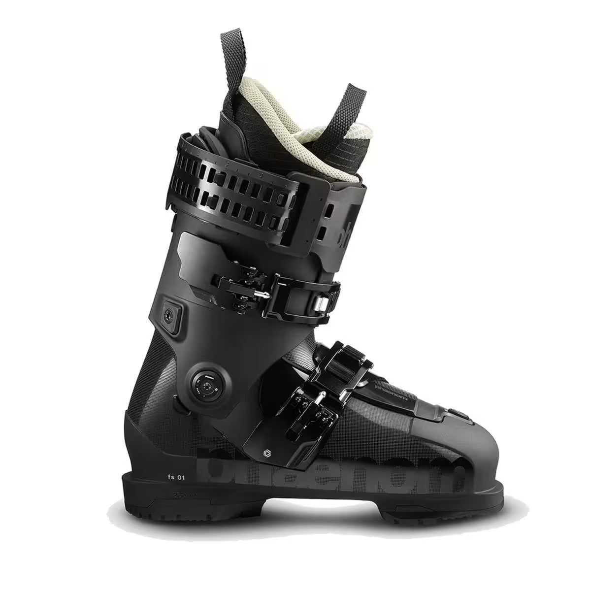 The Phaenom FS 01 100 Ski Boot by Phaenom is a single black all-mountain freeski boot with adjustable buckles, a strap, padded inner lining for shock absorption, and a textured exterior, shown on a white background.