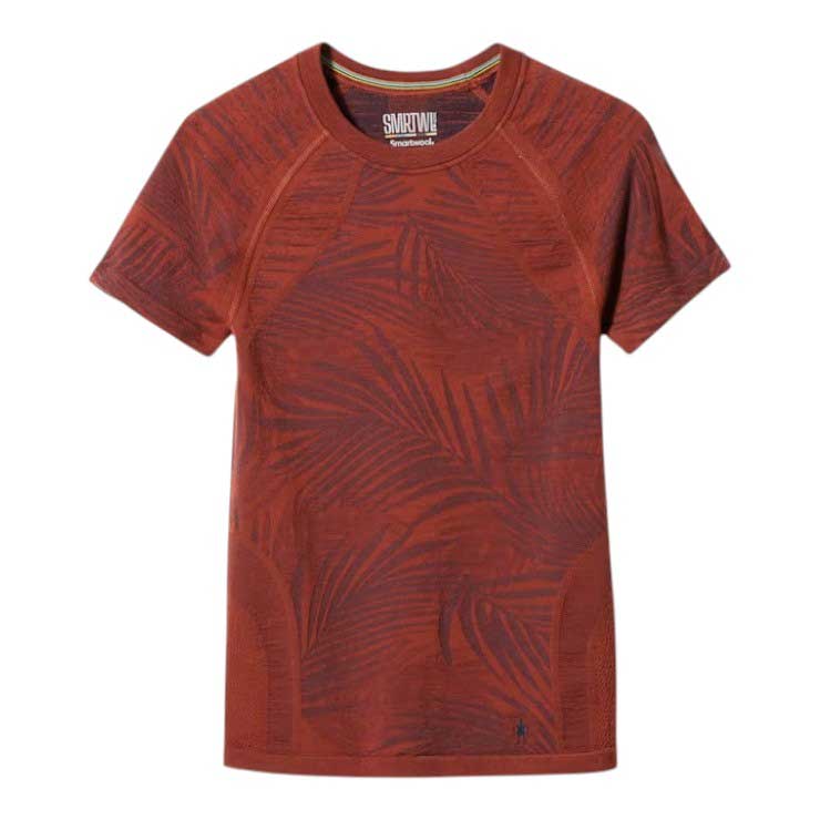 Women’s short-sleeve active T-shirt, rust orange leaf pattern with crew neckline.