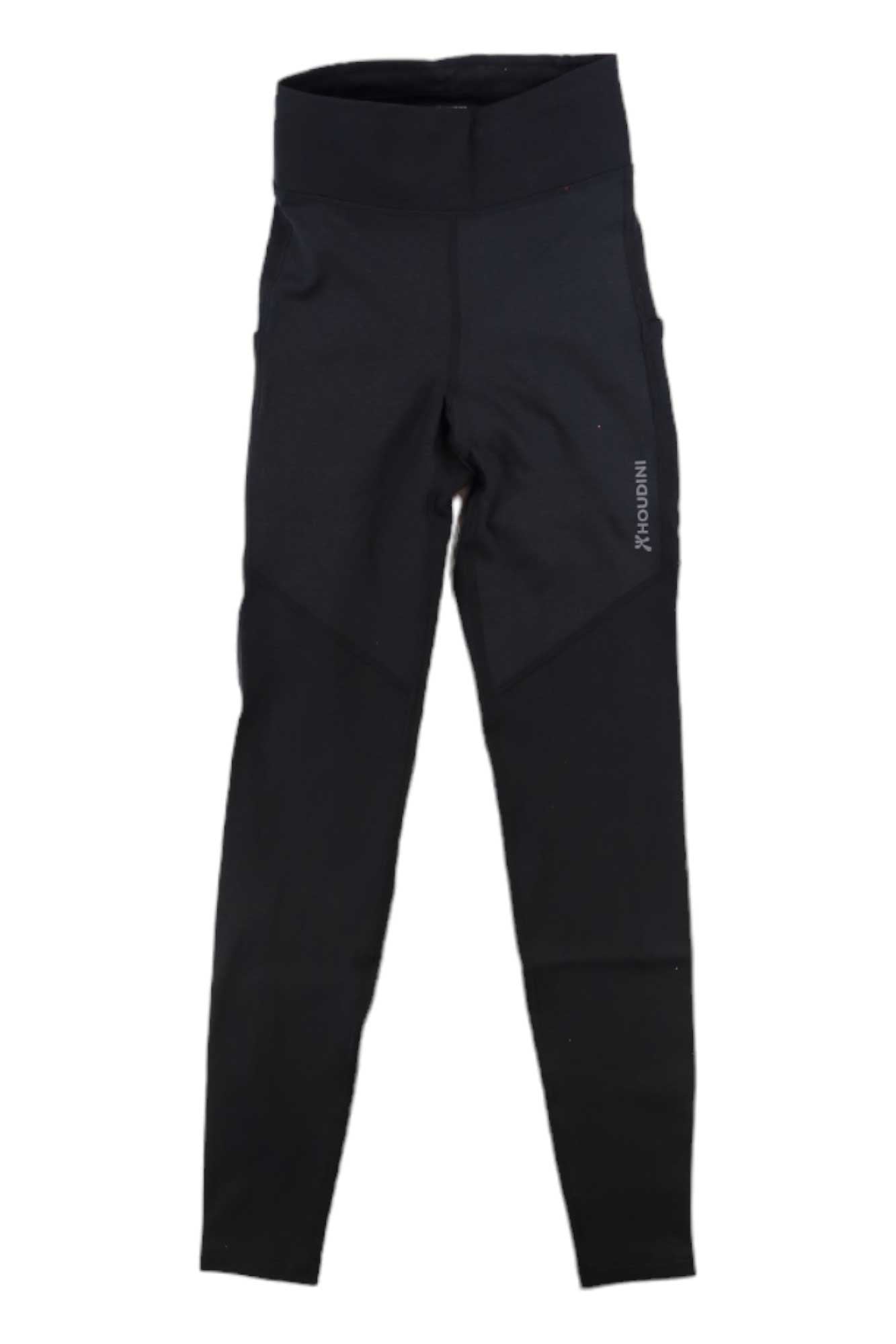 A pair of Houdini Womens Adventure Tight black leggings, high-waisted with moisture-wicking fabric and a logo on the left thigh, laid flat on a white background.