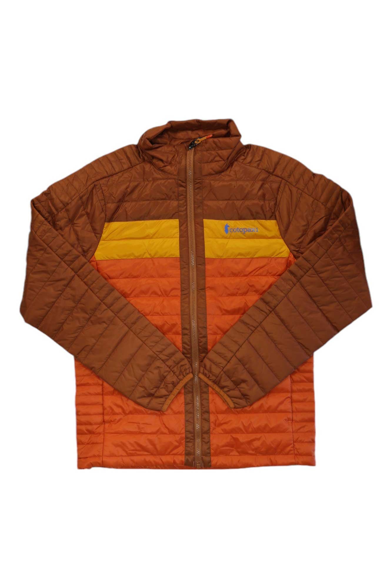 The Cotopaxi Mens Capa Insulated Jacket features brown, orange, and yellow color-blocking, recycled nylon, Primaloft insulation, a front zipper, and a branded chest logo.