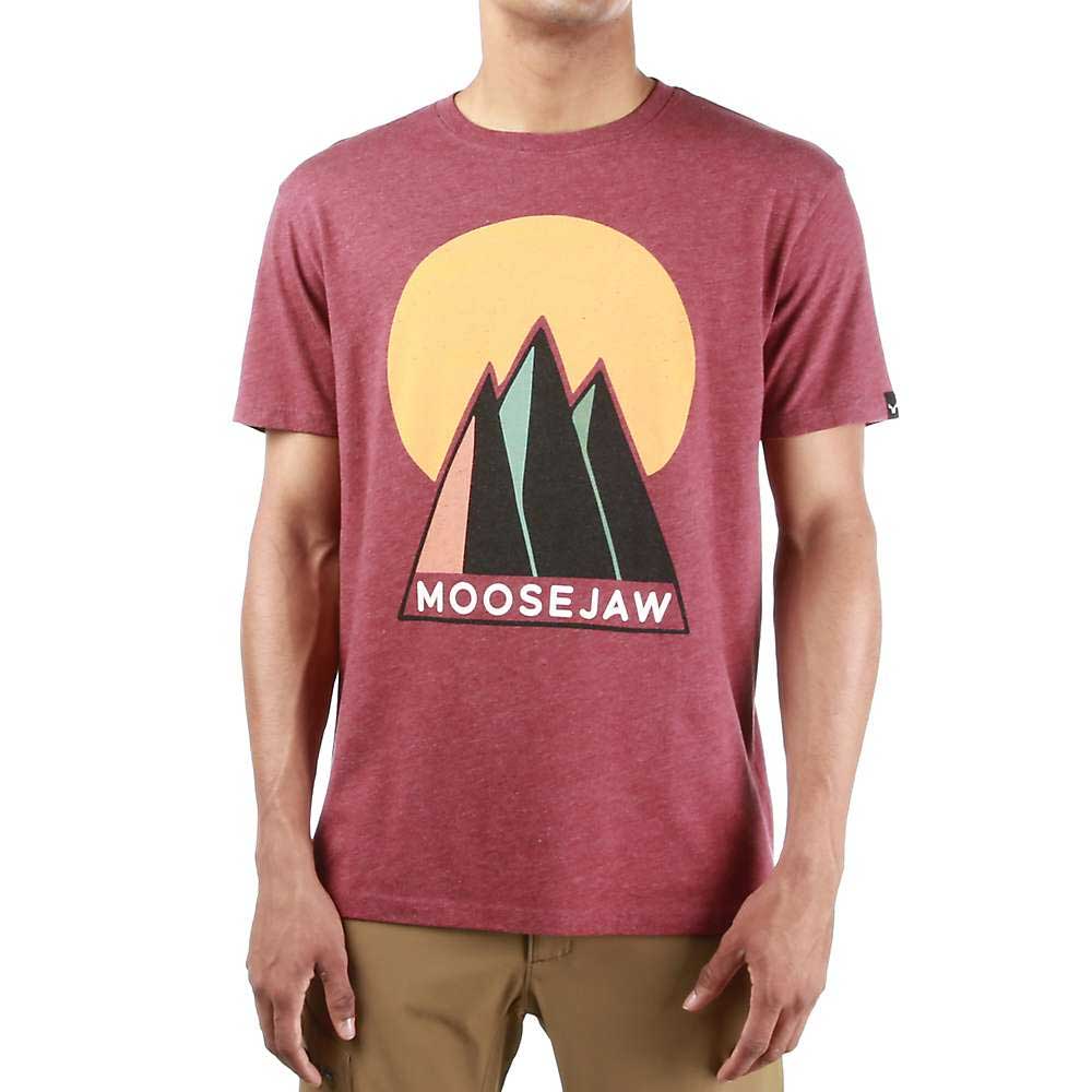 A person wearing the Moosejaw Mens Sunny Side Up SS Tee, made from recycled polyester and organic cotton, in maroon with stylized mountains, a large yellow sun graphic, and "Moosejaw" printed below.
