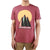 A person wearing the Moosejaw Mens Sunny Side Up SS Tee, made from recycled polyester and organic cotton, in maroon with stylized mountains, a large yellow sun graphic, and "Moosejaw" printed below.