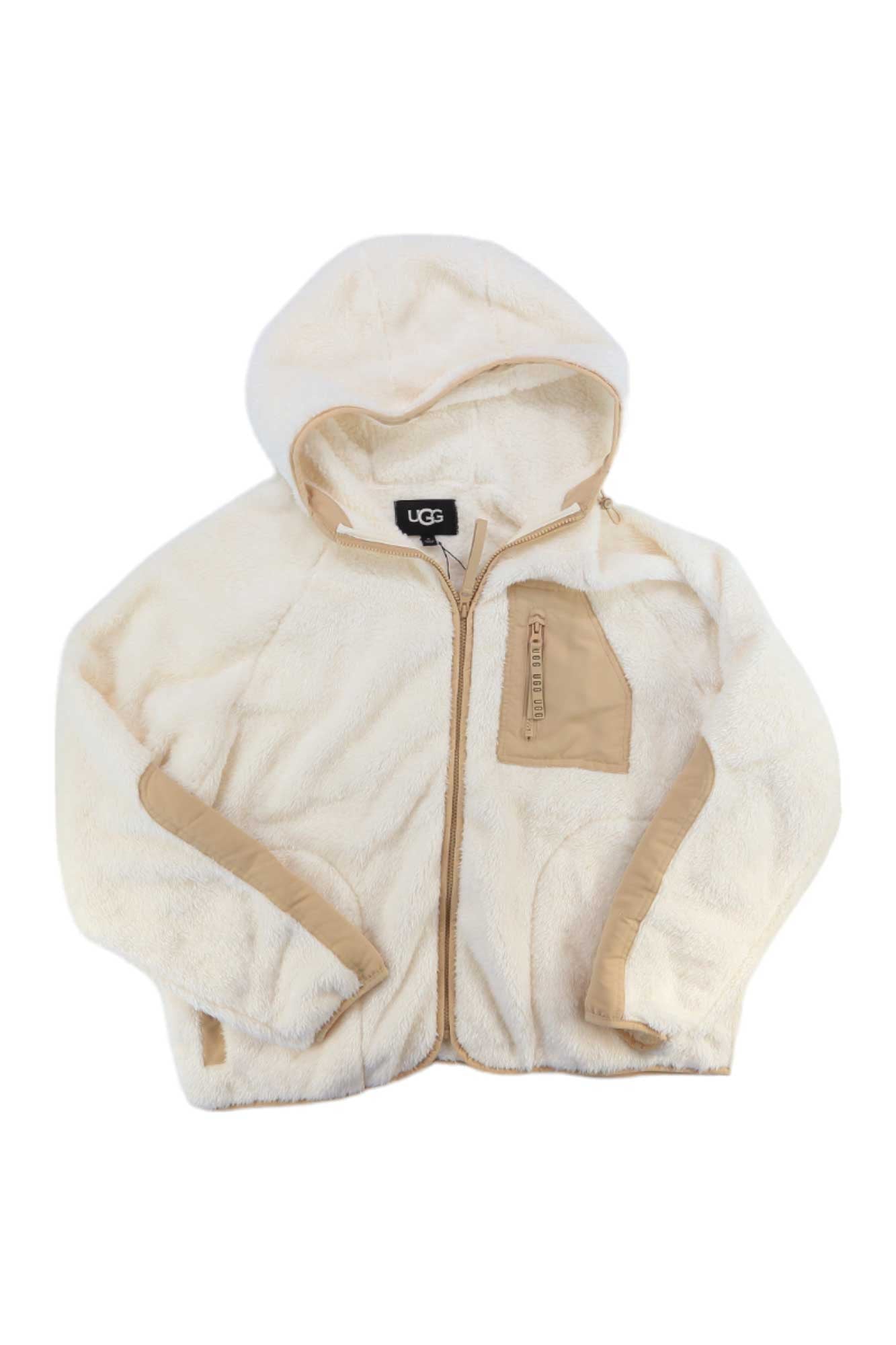 The UGG Womens Ruthie Fluff Zip Hoodie is a cream faux shearling jacket with beige trim, zip front, chest flap pocket, and an UGG label on the collar—blending style and comfort in a cozy design.