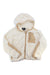 The UGG Womens Ruthie Fluff Zip Hoodie is a cream faux shearling jacket with beige trim, zip front, chest flap pocket, and an UGG label on the collar—blending style and comfort in a cozy design.