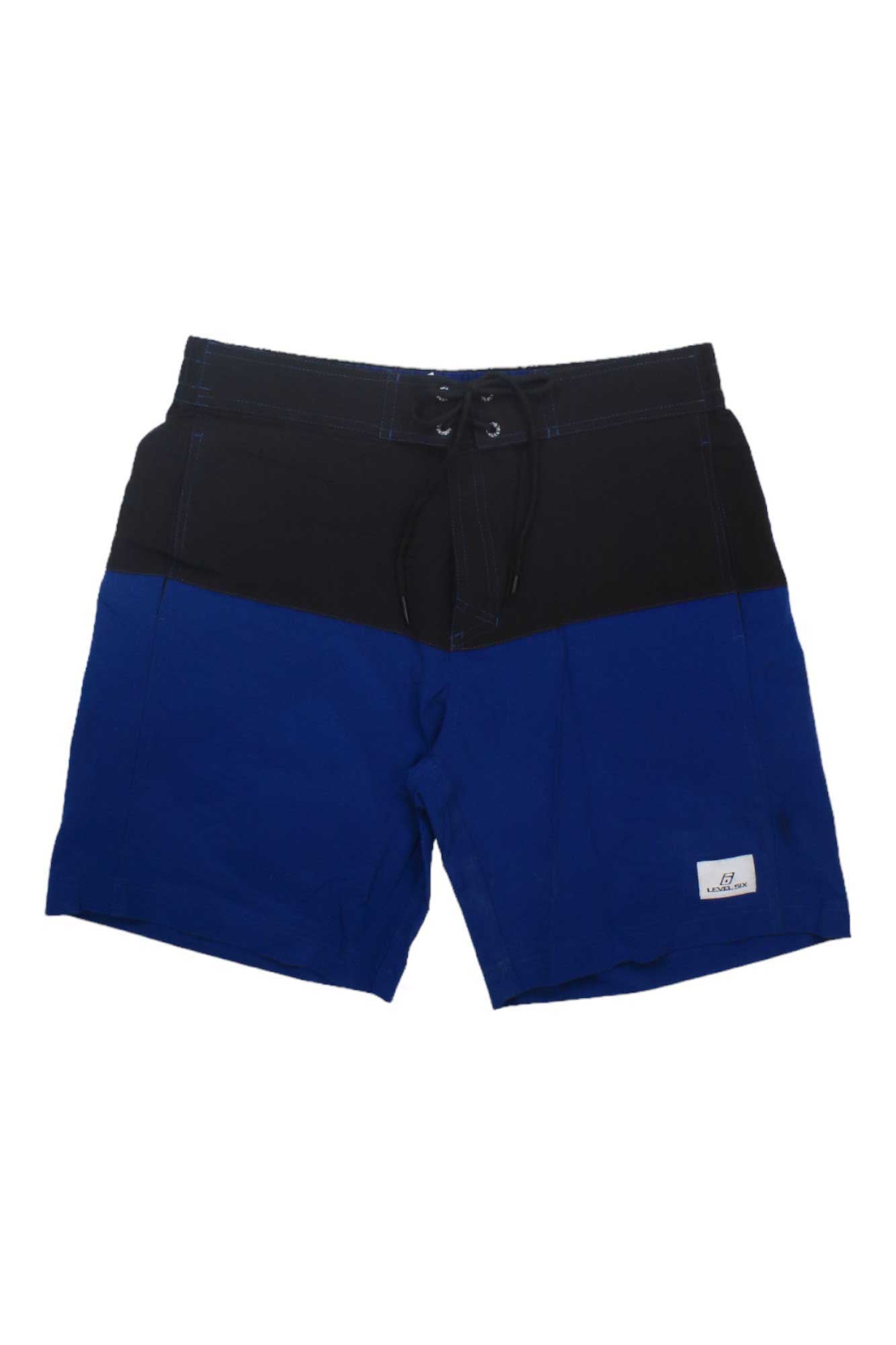 Men's slanted swim shorts, dark navy and blue color-block with drawstring waist and white logo patch