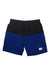Men's slanted swim shorts, dark navy and blue color-block with drawstring waist and white logo patch