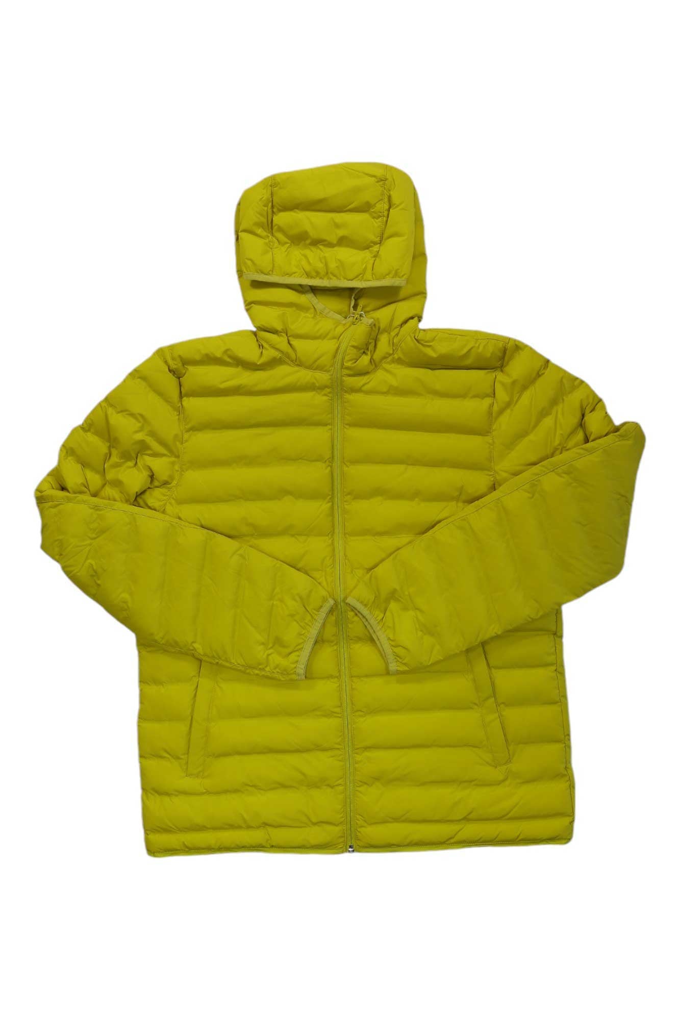 A Helly Hansen Mens Mono Material Hooded Insulator in bright yellow, featuring a front zipper and horizontal quilting, laid flat on a white background.
