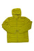 A Helly Hansen Mens Mono Material Hooded Insulator in bright yellow, featuring a front zipper and horizontal quilting, laid flat on a white background.