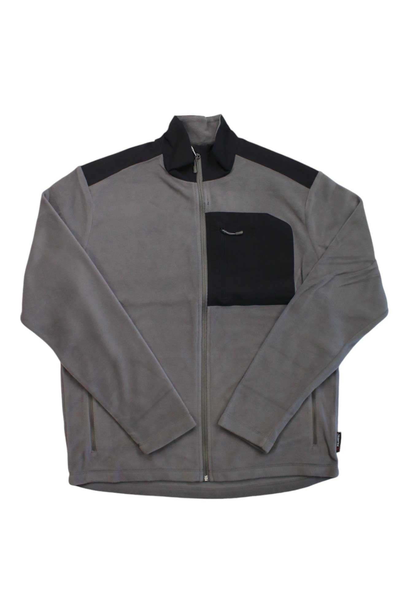 The Helly Hansen Men's Daybreaker Block Jacket, in light gray Polartec microfleece with black shoulder panels and a black zippered chest pocket, is shown on a flat white background.