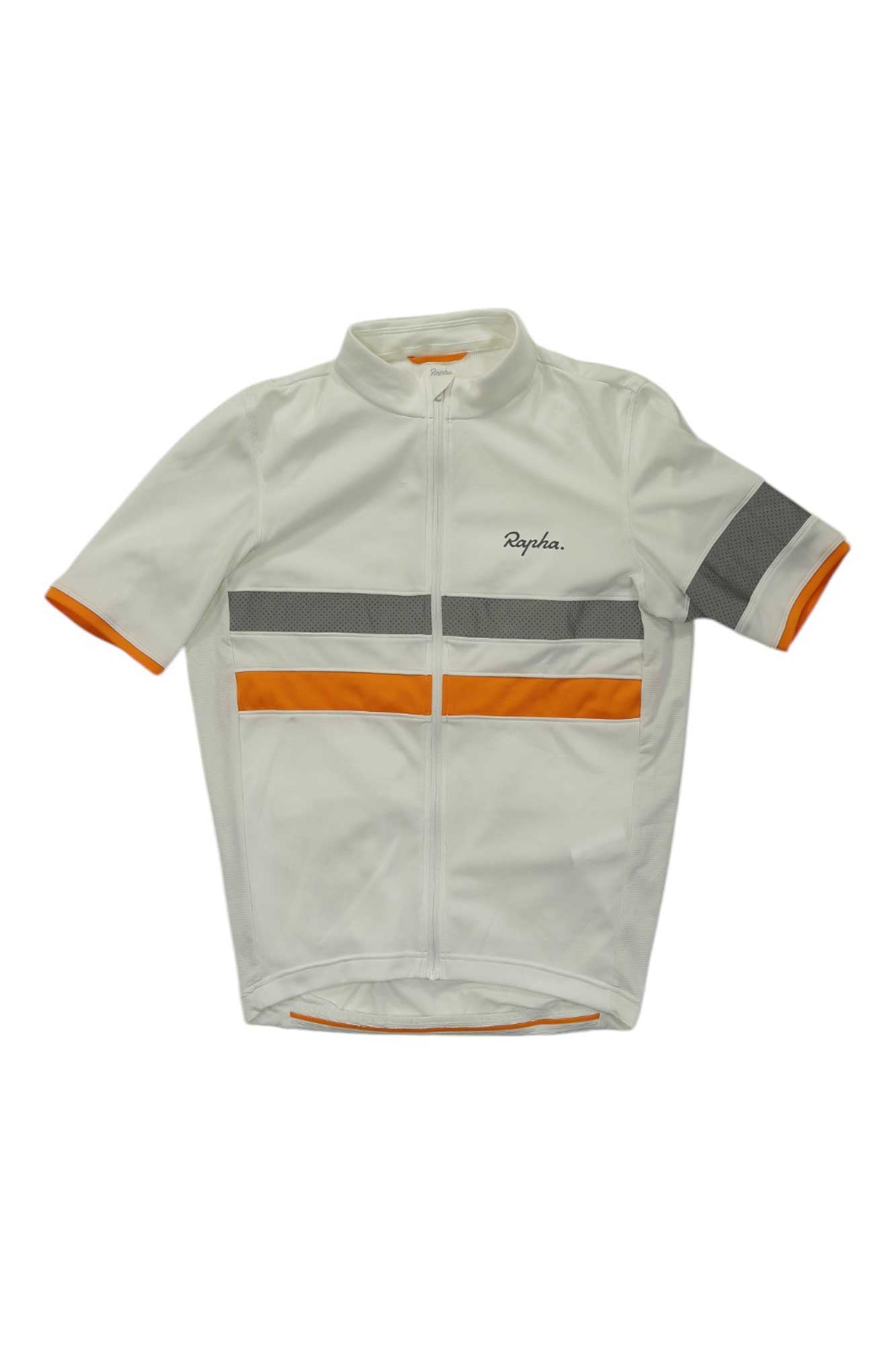 The Rapha Brevet Lightweight Jersey is a white short-sleeve cycling top with orange and gray chest stripes, front zipper, and Rapha logo—perfect technical apparel for style and comfort on every ride.