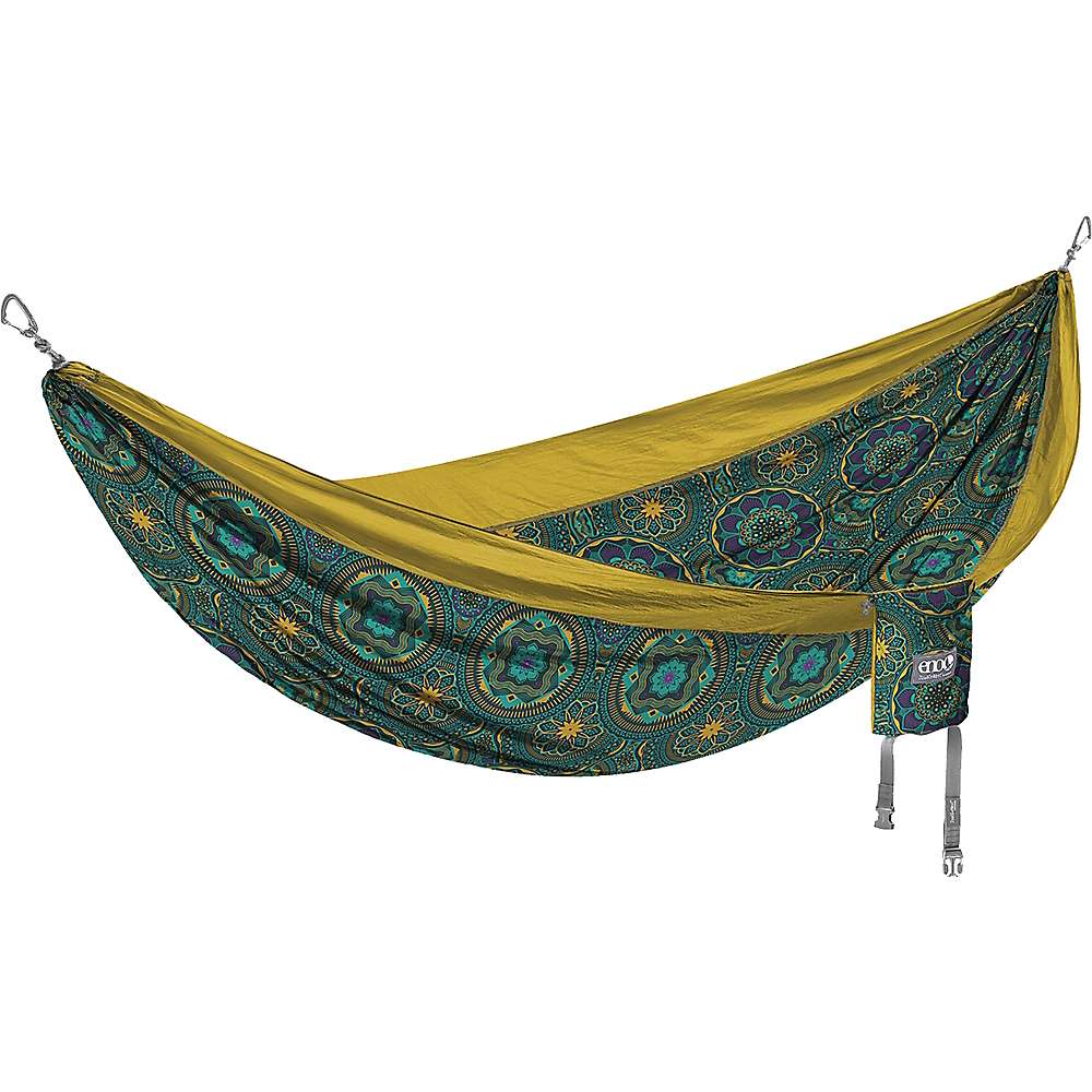 Hammock with yellow underside and dark teal paisley print, gray cords and black end clips