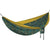 Hammock with yellow underside and dark teal paisley print, gray cords and black end clips