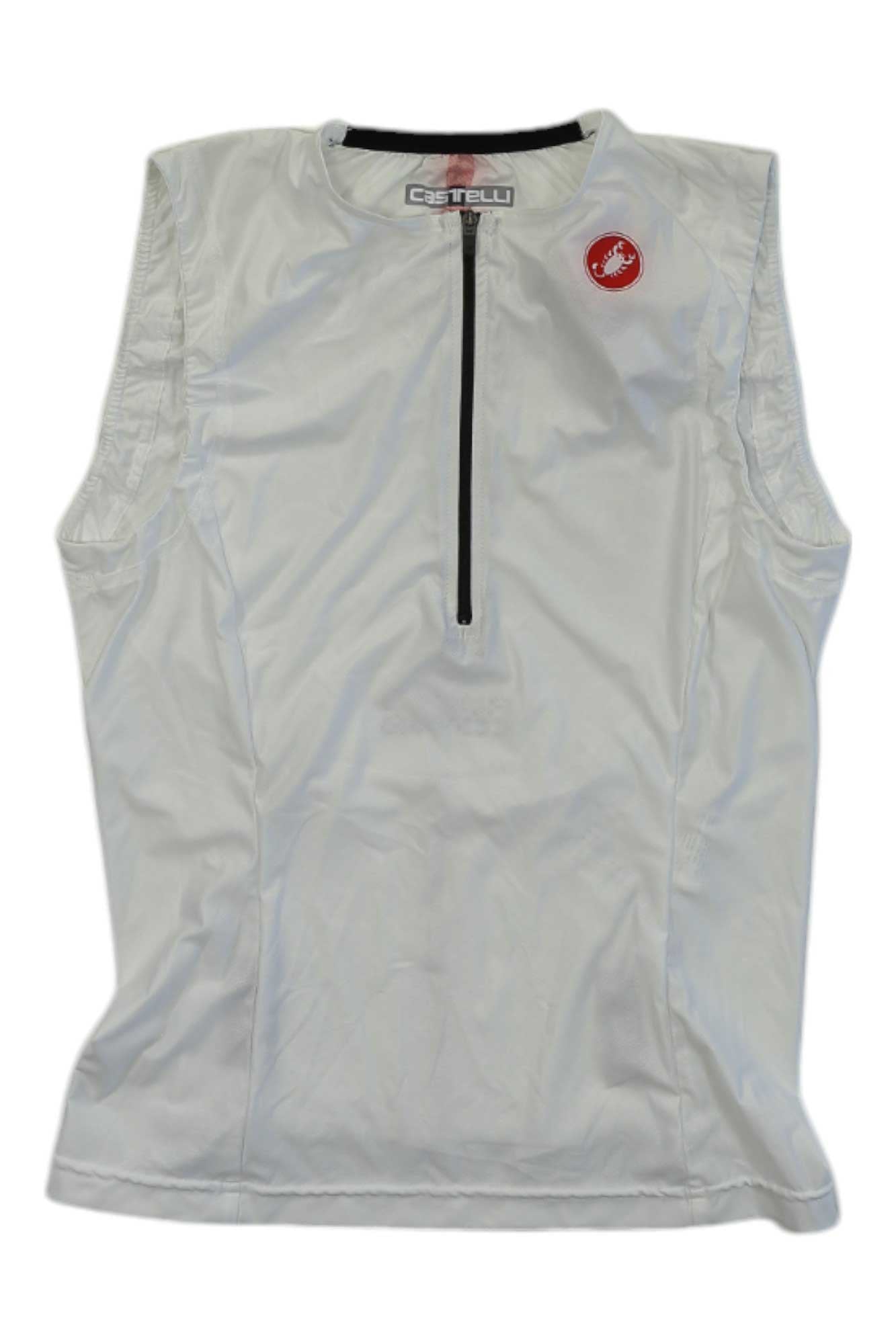 Women’s cycling tri singlet, white sleeveless with front zip and Castelli logo