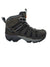 The KEEN Women's Voyageur Mid Boot is shown in a side view on a white background, featuring a dark gray and black design with breathable mesh upper, secure laces, rugged rubber sole, and heel pull loop.
