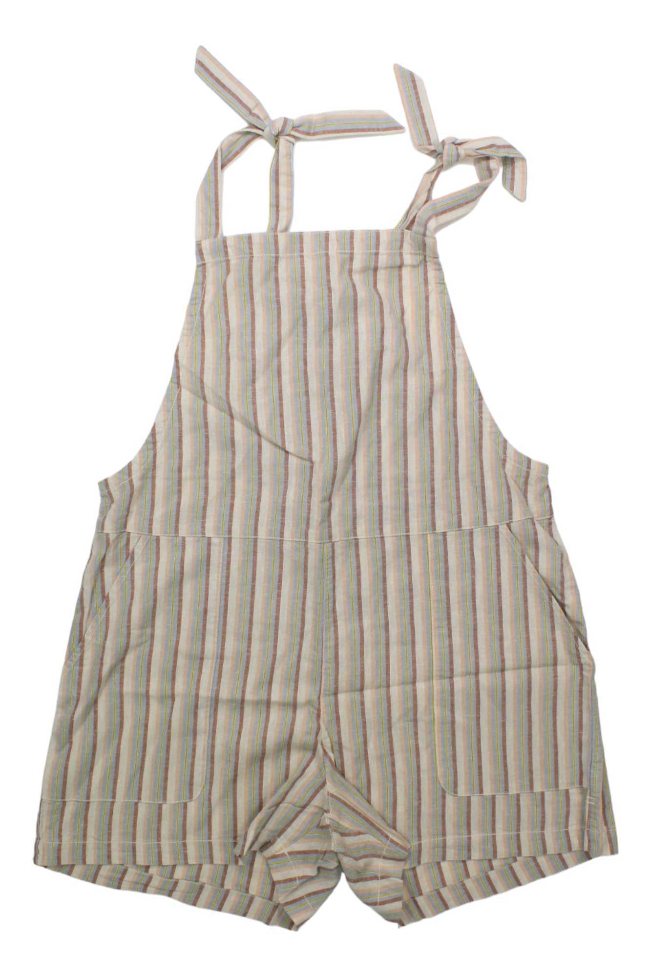 Women's striped hemp short romper with tie shoulder straps and bib neckline