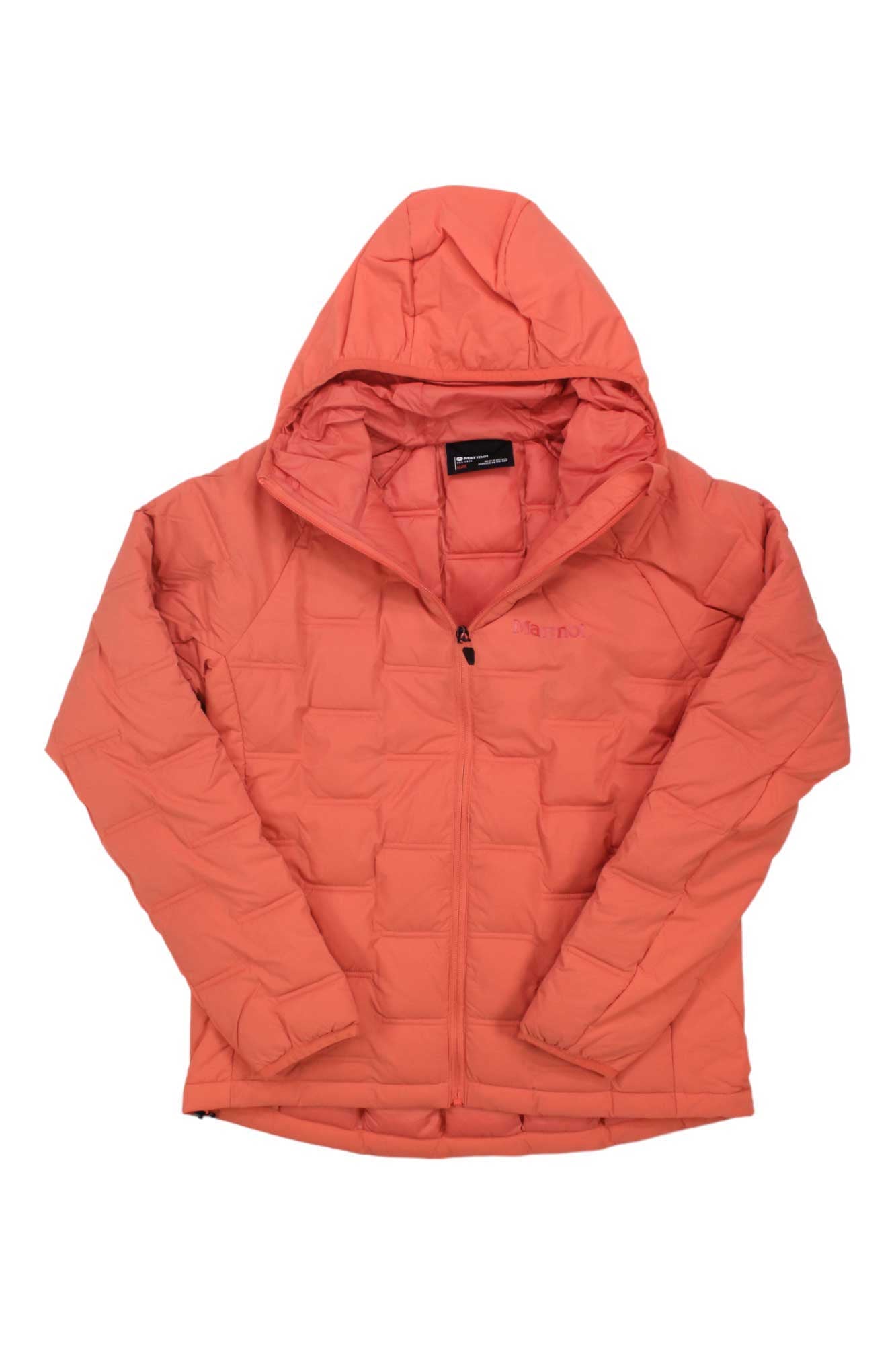 The Marmot Women's WarmCube Active Novus Hoody is a coral insulated jacket with synthetic fill, quilting, front zipper, crossed sleeves, and a visible black brand label inside the hooded collar.