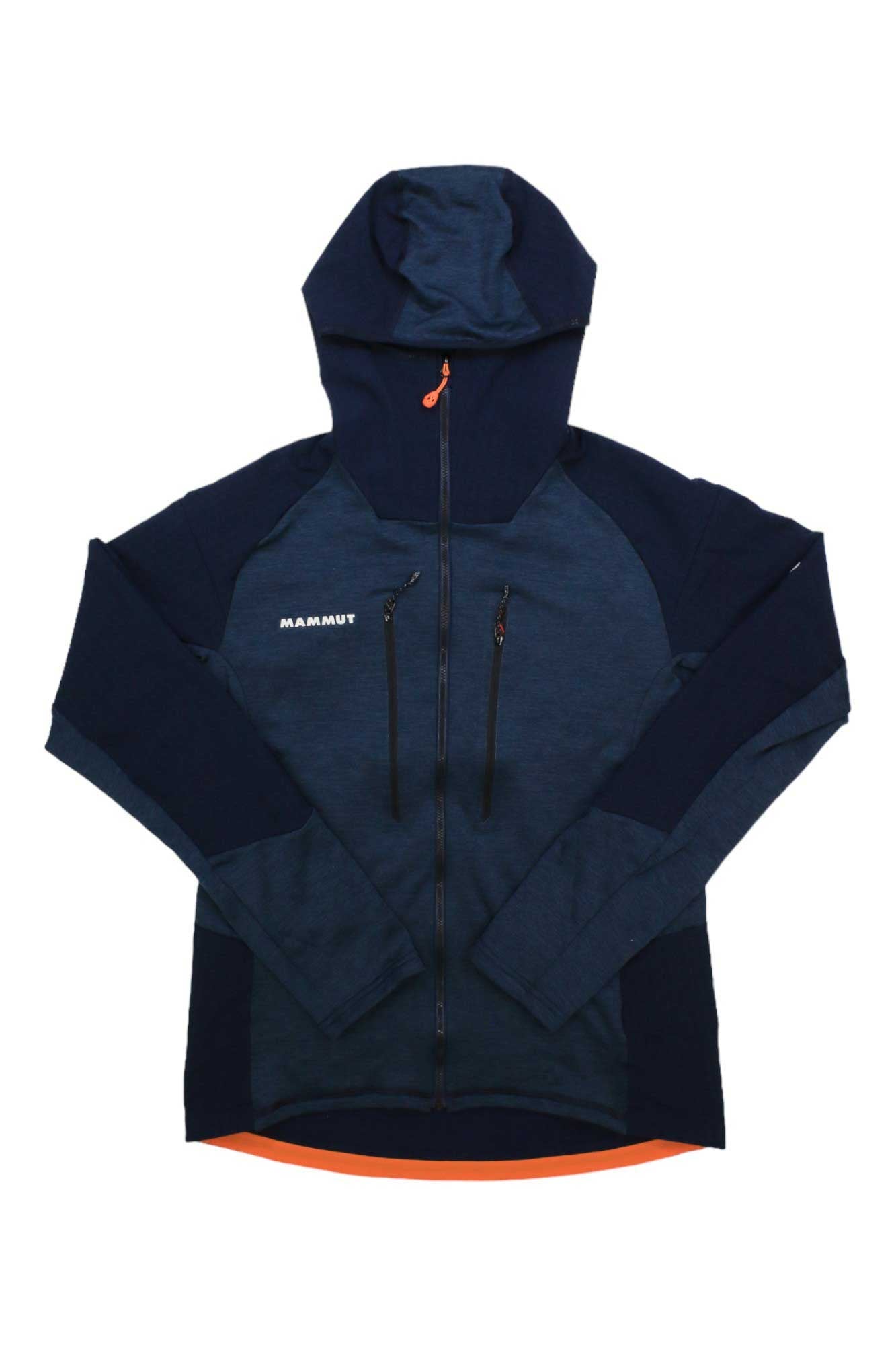The Mammut Mens Eiswand Advanced ML Hooded Jacket in navy and dark blue features a full front zipper, two vertical chest zip pockets, and an orange zipper pull, shown on a white background.