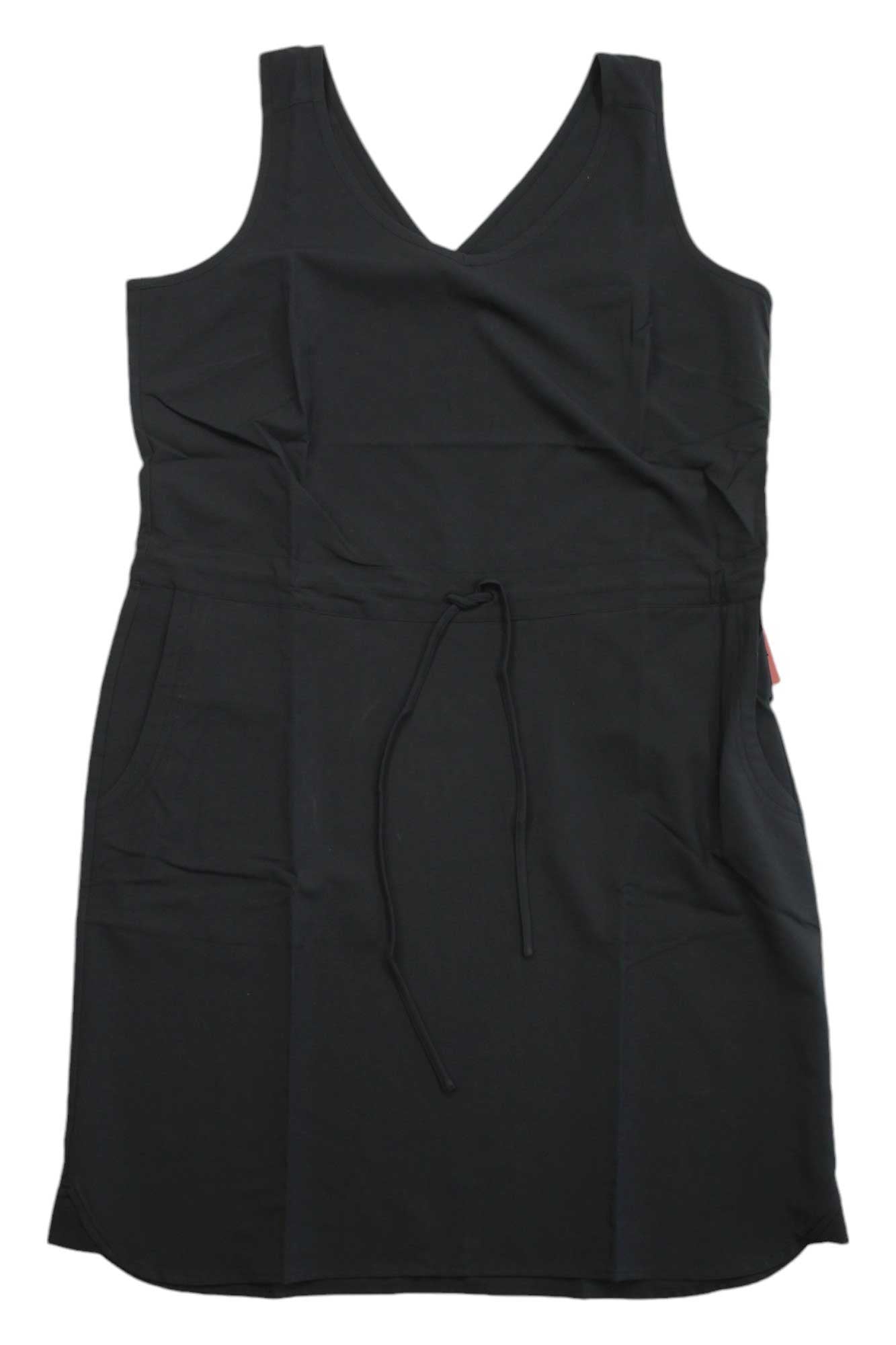 Black sleeveless V-neck dress with adjustable waist tie and side pockets