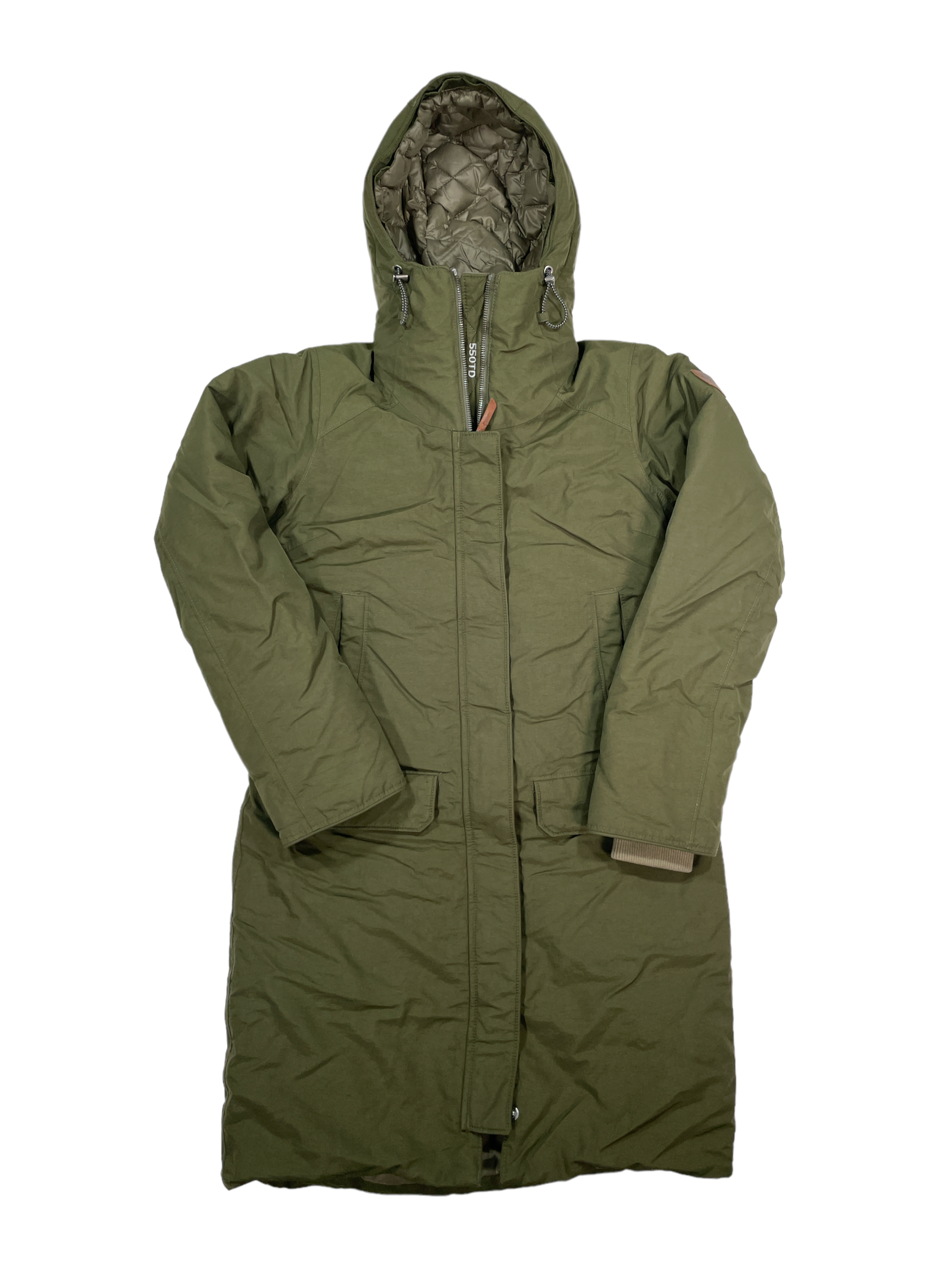 Olive green hooded down parka with front zipper and adjustable cuffs