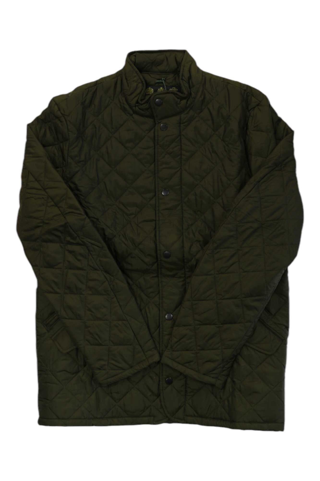 Men's olive quilted Chelsea jacket with stand collar and full button-front