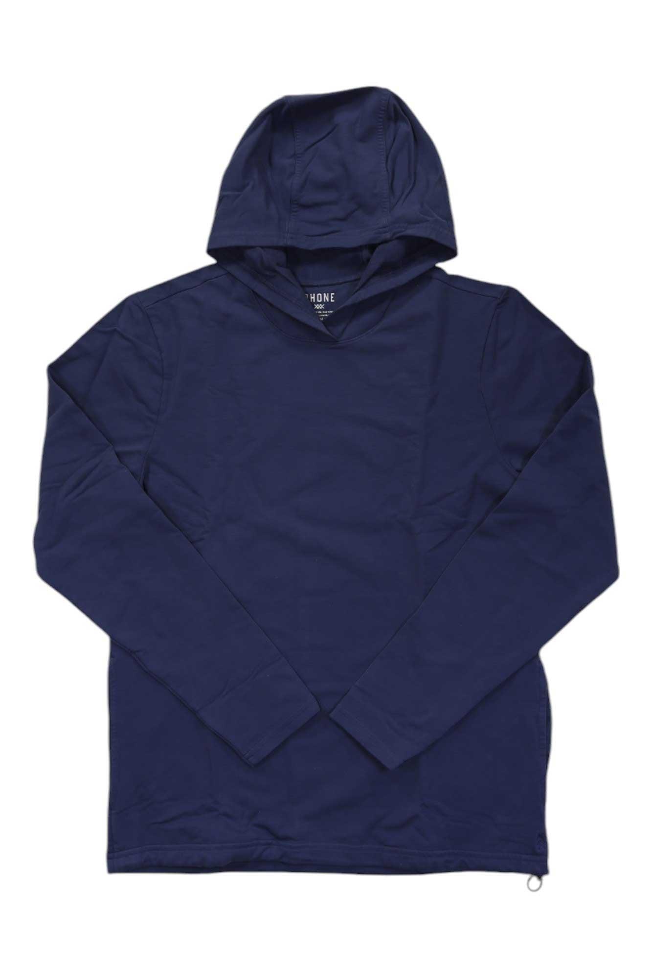 Rhone men's Bolinas hoodie, dark indigo blue, front pocket and hood with drawstring hem