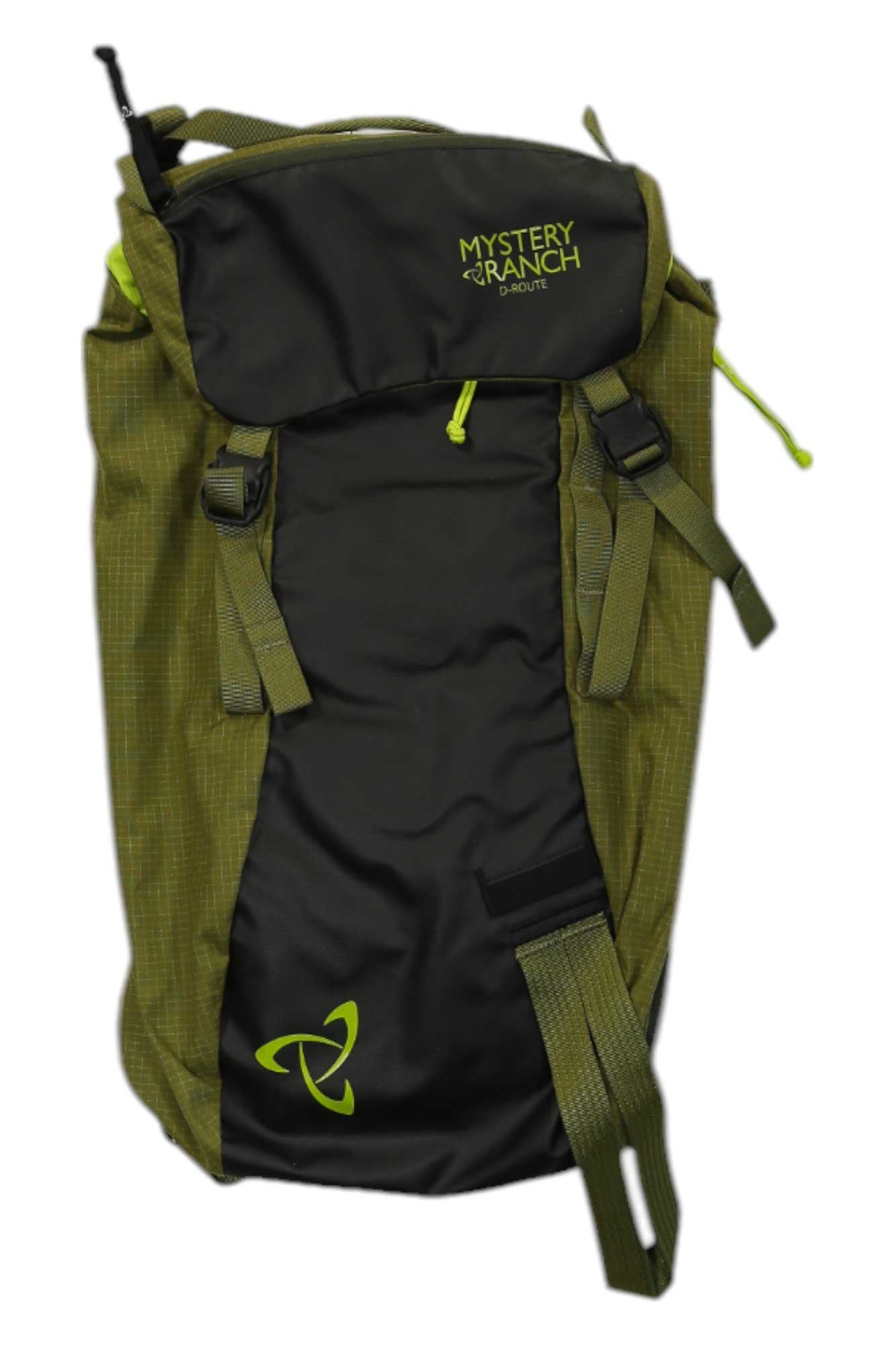 Mystery Ranch D-Route snow pack, green and black with front flap and straps