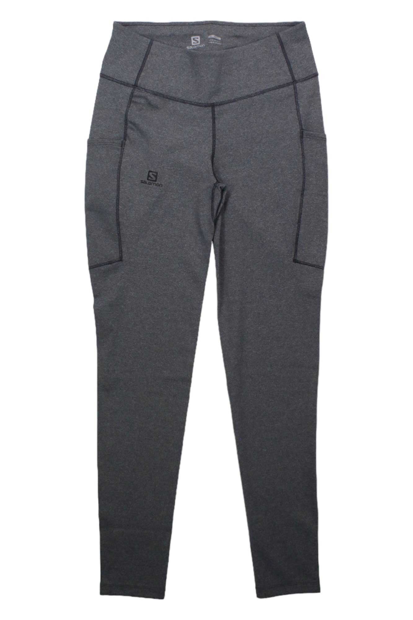 Salomon women's outline tights, dark gray with elastic waistband and vertical seam panels