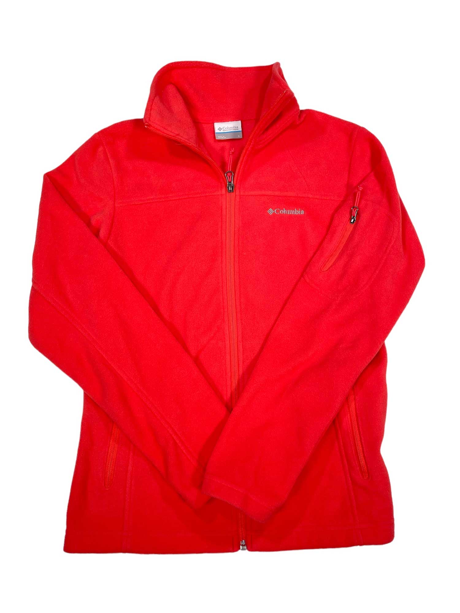 Red women's full-zip fleece jacket with stand collar, zipper pockets, and chest logo
