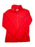 Red women's full-zip fleece jacket with stand collar, zipper pockets, and chest logo