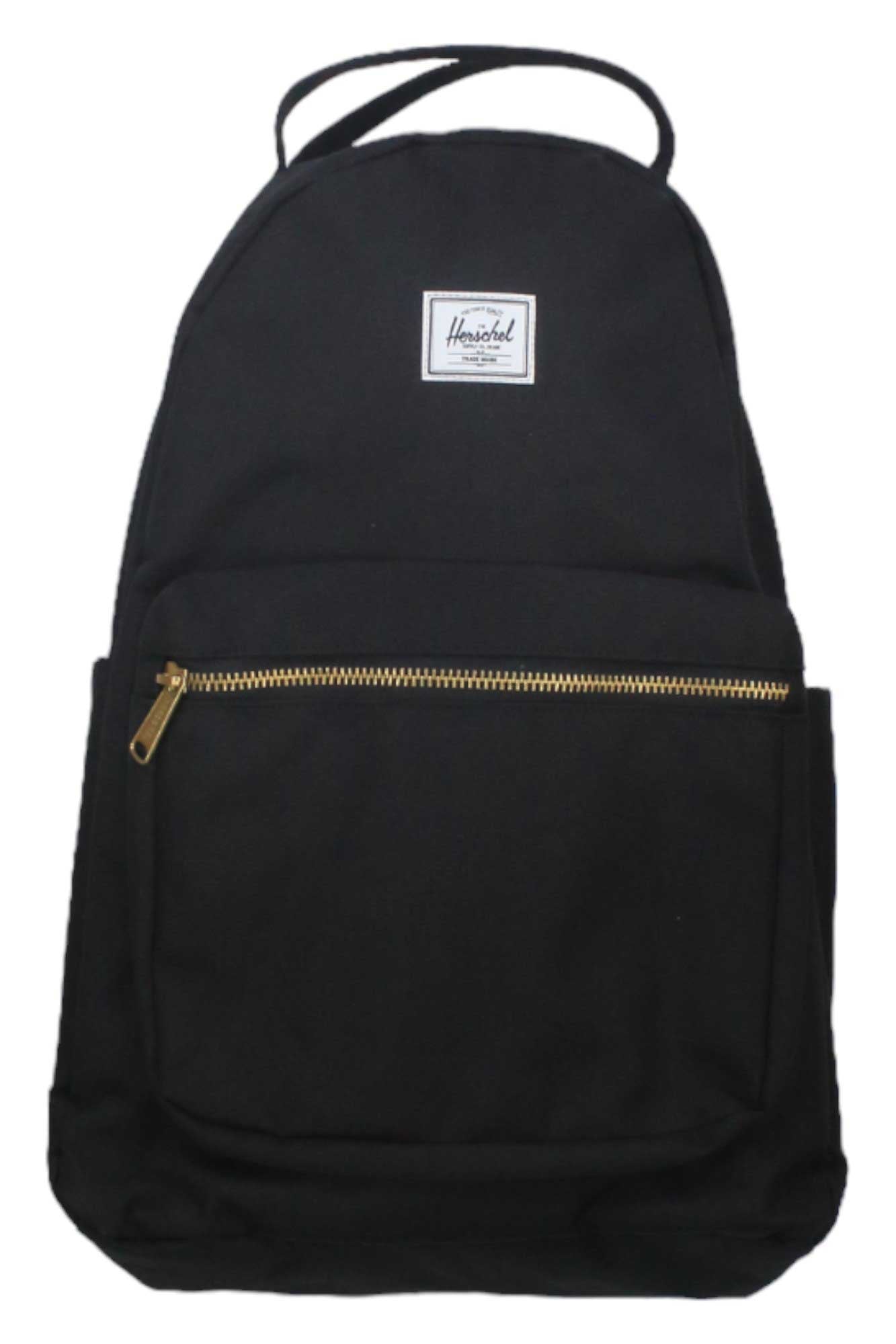 The Herschel Supply Company Nova Backpack boasts a black minimalist design with a front zip pocket, side pockets, white patch label, gold zipper pull, and internal laptop sleeve. Made from recycled fabric for eco-friendly functionality.