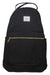 The Herschel Supply Company Nova Backpack boasts a black minimalist design with a front zip pocket, side pockets, white patch label, gold zipper pull, and internal laptop sleeve. Made from recycled fabric for eco-friendly functionality.