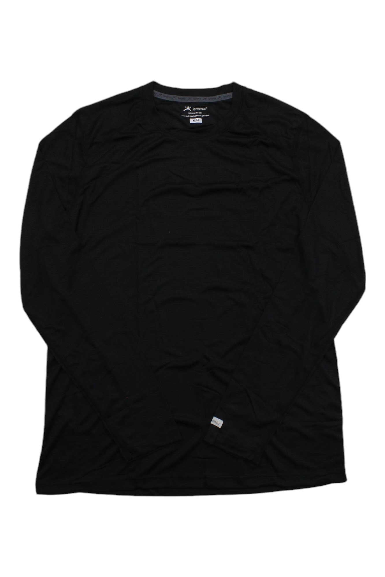 Men's long-sleeve crewneck tee, black with small chest logo and folded fit