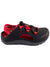 The Bogs Kids' Flo Sandal features a black and red design with closed toes, thick soles, adjustable bungee lacing, open sides, and a red inner lining—lightweight and ideal for active kids.
