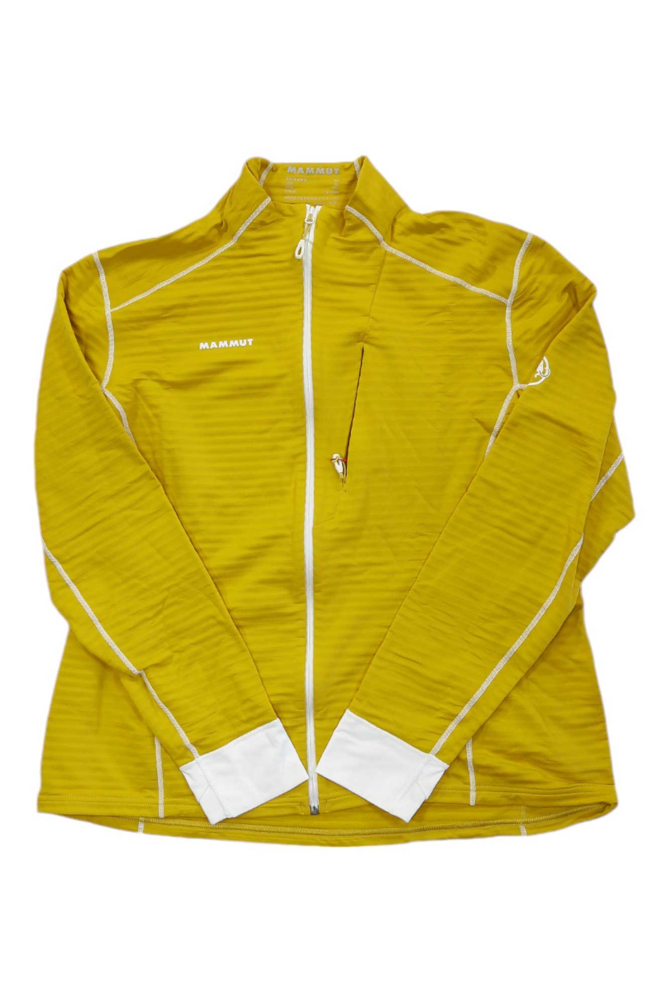 A yellow Mammut Womens Aconcagua Light ML Jacket with white accents on the cuffs, hem, zipper, and seams, made from recycled polyester with lightweight insulation, is shown on a white background with crossed sleeves at the front.