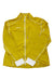 A yellow Mammut Womens Aconcagua Light ML Jacket with white accents on the cuffs, hem, zipper, and seams, made from recycled polyester with lightweight insulation, is shown on a white background with crossed sleeves at the front.