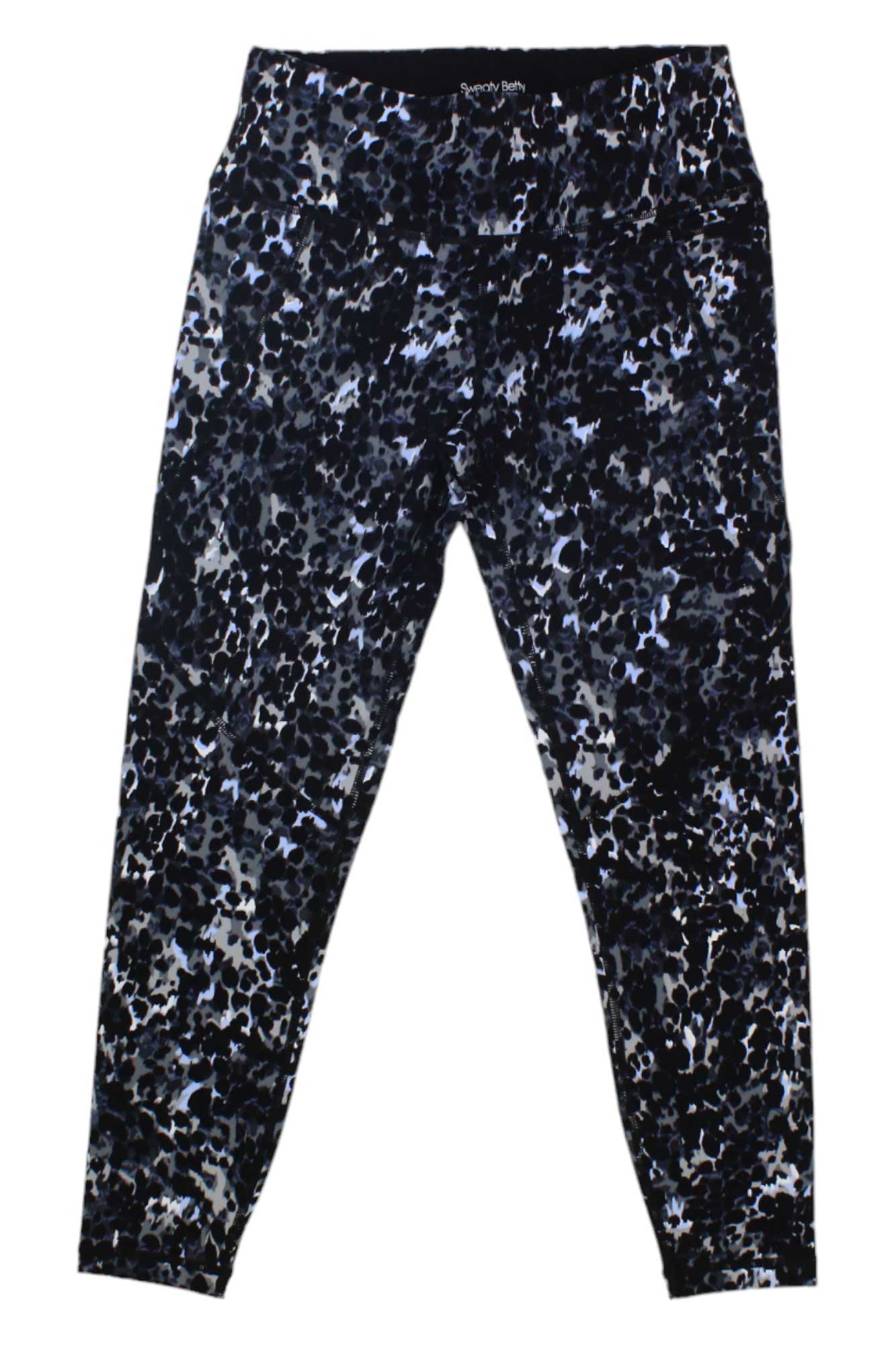 Sweaty Betty Womens Power 7/8 Workout Legging in a black, blue, gray, and white abstract pattern—sweat-wicking and perfect as gym leggings for your next workout. Laid flat on a white background.