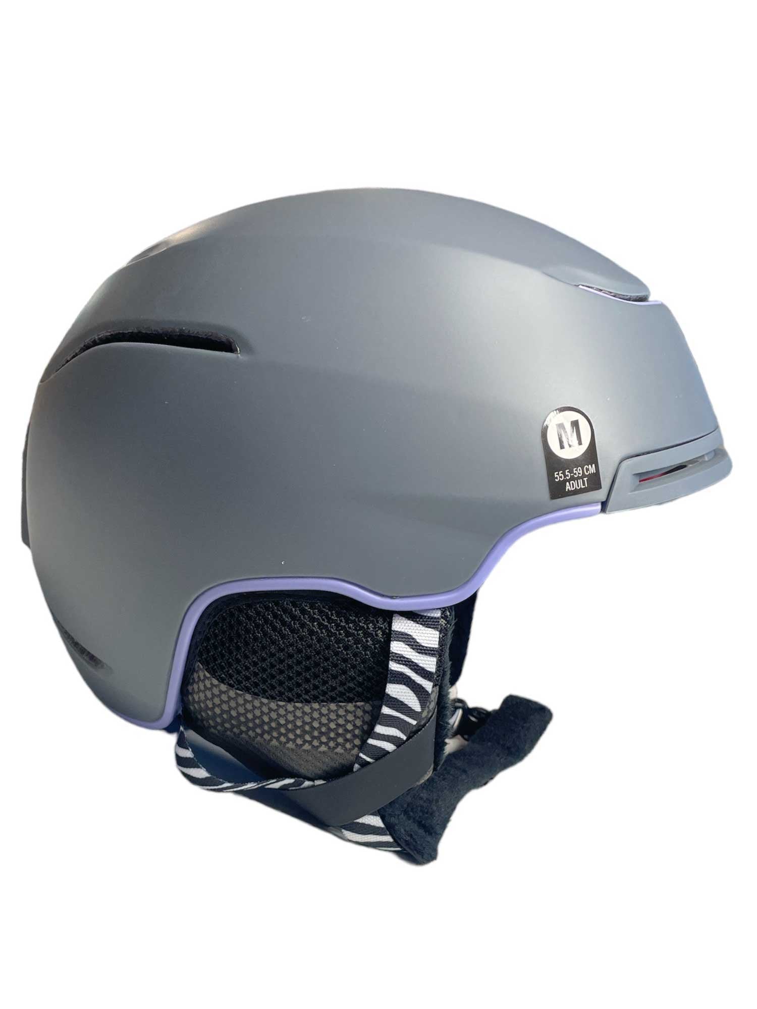Terra MIPS snow helmet, matte charcoal gray shell with purple edge and striped interior