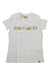 The Carhartt Womens Relaxed Fit Lightweight Multi Color Logo Graphic SS T-Shirt is white, features a relaxed fit, a gradient orange-yellow-brown logo across the chest, and a small Carhartt tag near the bottom hem.