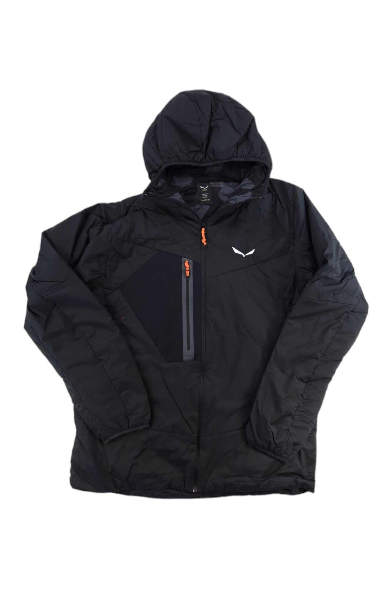 The Salewa Mens Ortles Tirol Wool Responsive Stretch Hood Jacket is a lightweight black jacket with long sleeves, a front zipper, an orange-zippered chest pocket, and a small white logo on the left chest.