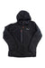 The Salewa Mens Ortles Tirol Wool Responsive Stretch Hood Jacket is a lightweight black jacket with long sleeves, a front zipper, an orange-zippered chest pocket, and a small white logo on the left chest.