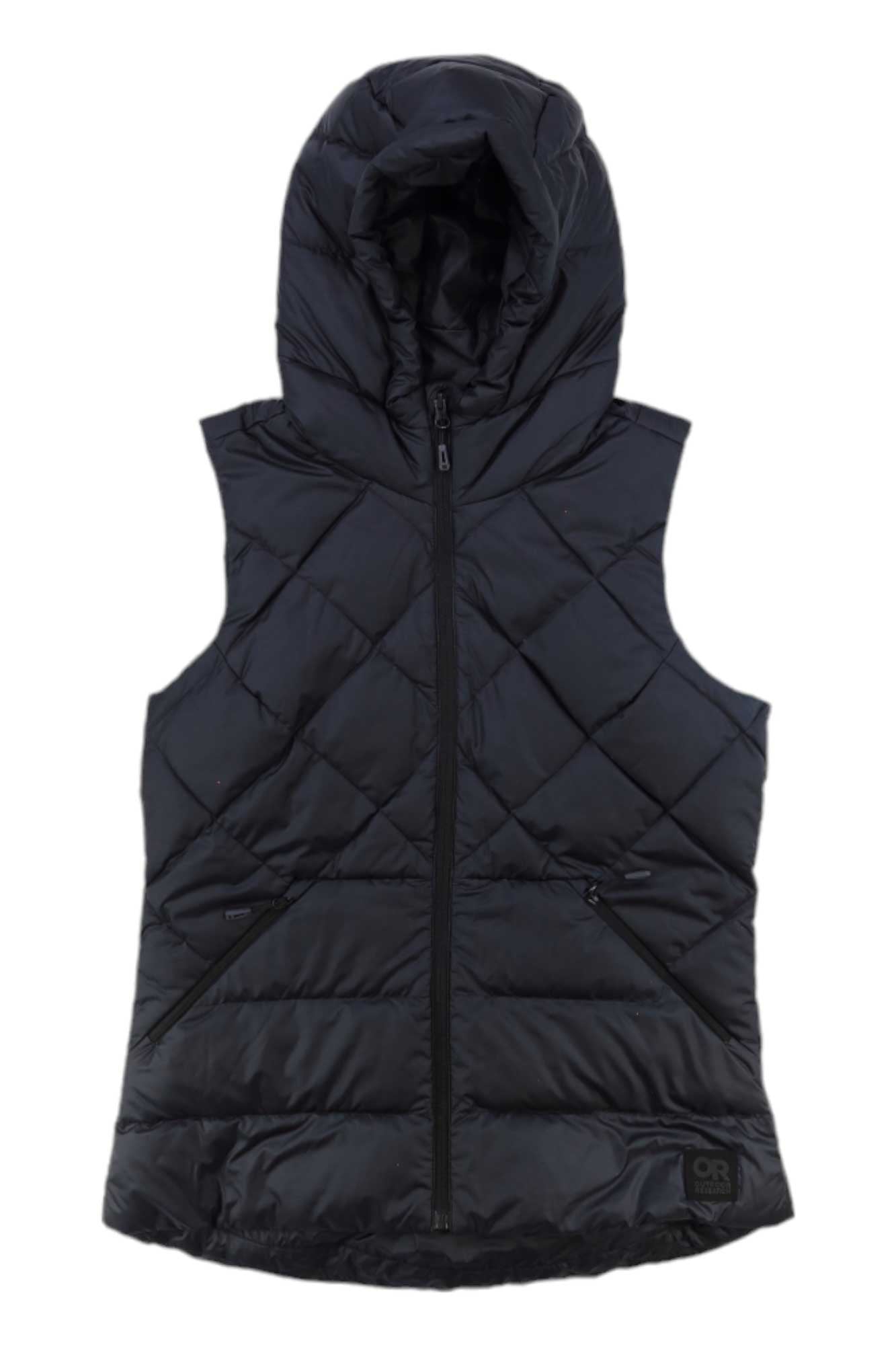 The Outdoor Research Women’s Coldfront Hooded Down Vest is a black, sleeveless vest with a front zipper, quilted pattern, insulated for outdoor use, and features two zippered side pockets.