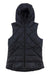 The Outdoor Research Women’s Coldfront Hooded Down Vest is a black, sleeveless vest with a front zipper, quilted pattern, insulated for outdoor use, and features two zippered side pockets.