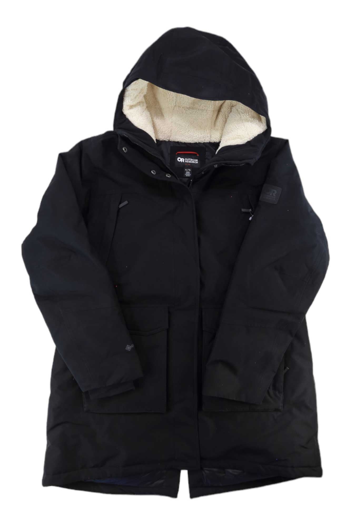 Outdoor Research women’s Stormcraft down parka, black hood, sherpa lining, zip front
