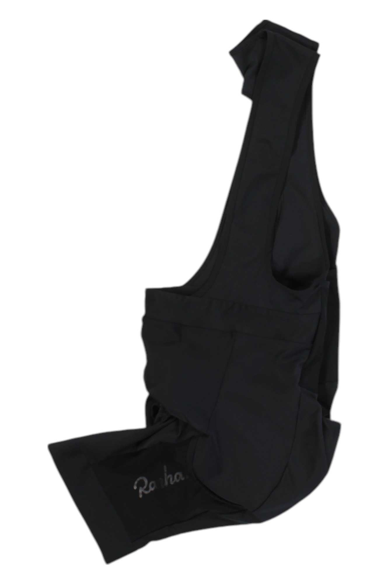 Rapha black cargo shorts with large side cargo pocket, one-leg side view